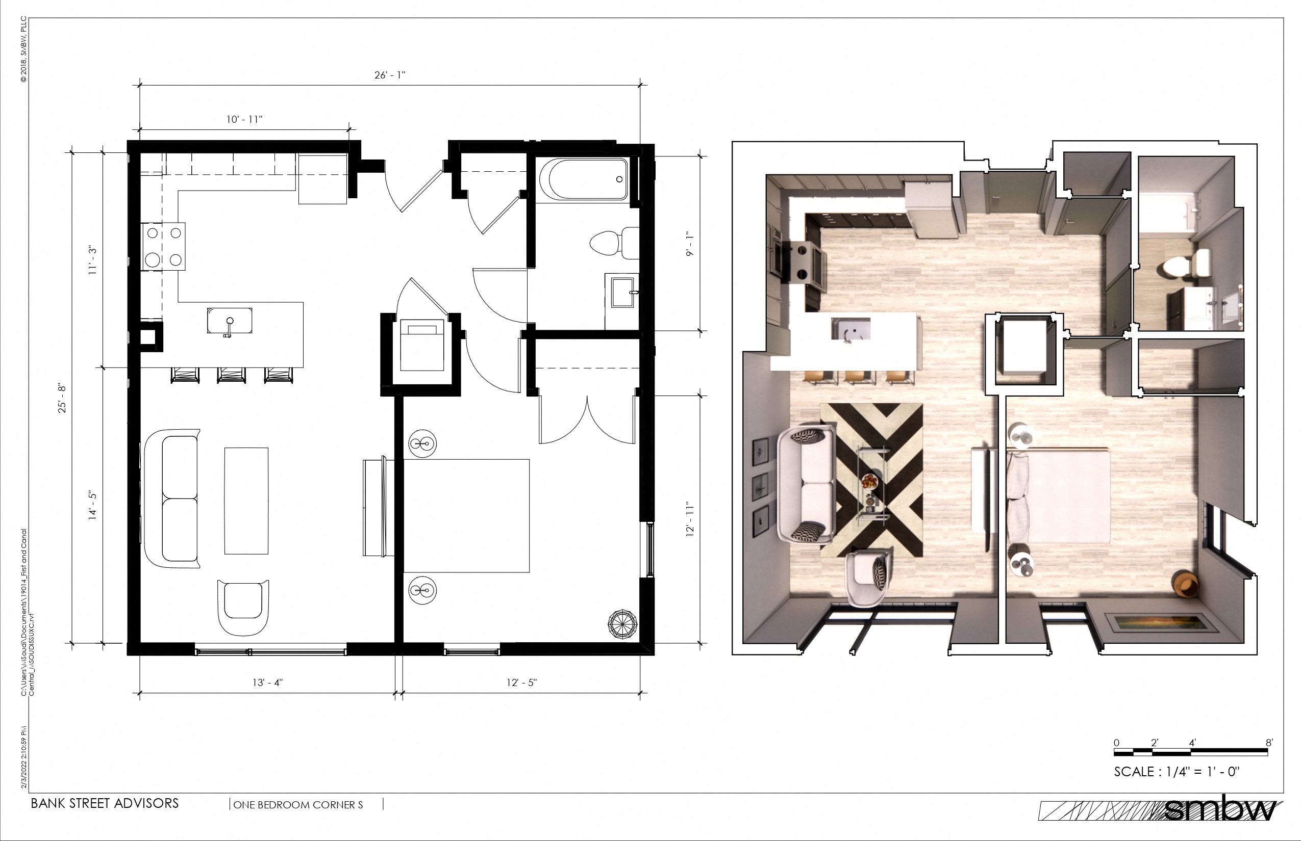 Floor plan for 1 bed, 1 bath, 725 sqft